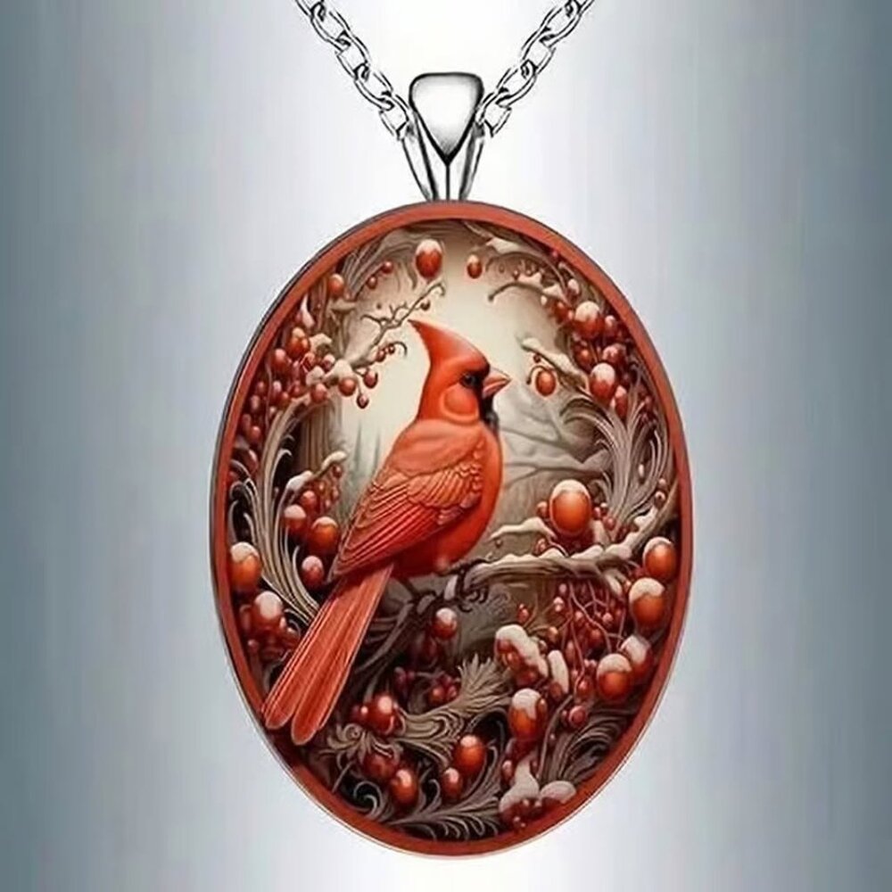 Silver Oval Shaped CARDINAL Pendant Necklace